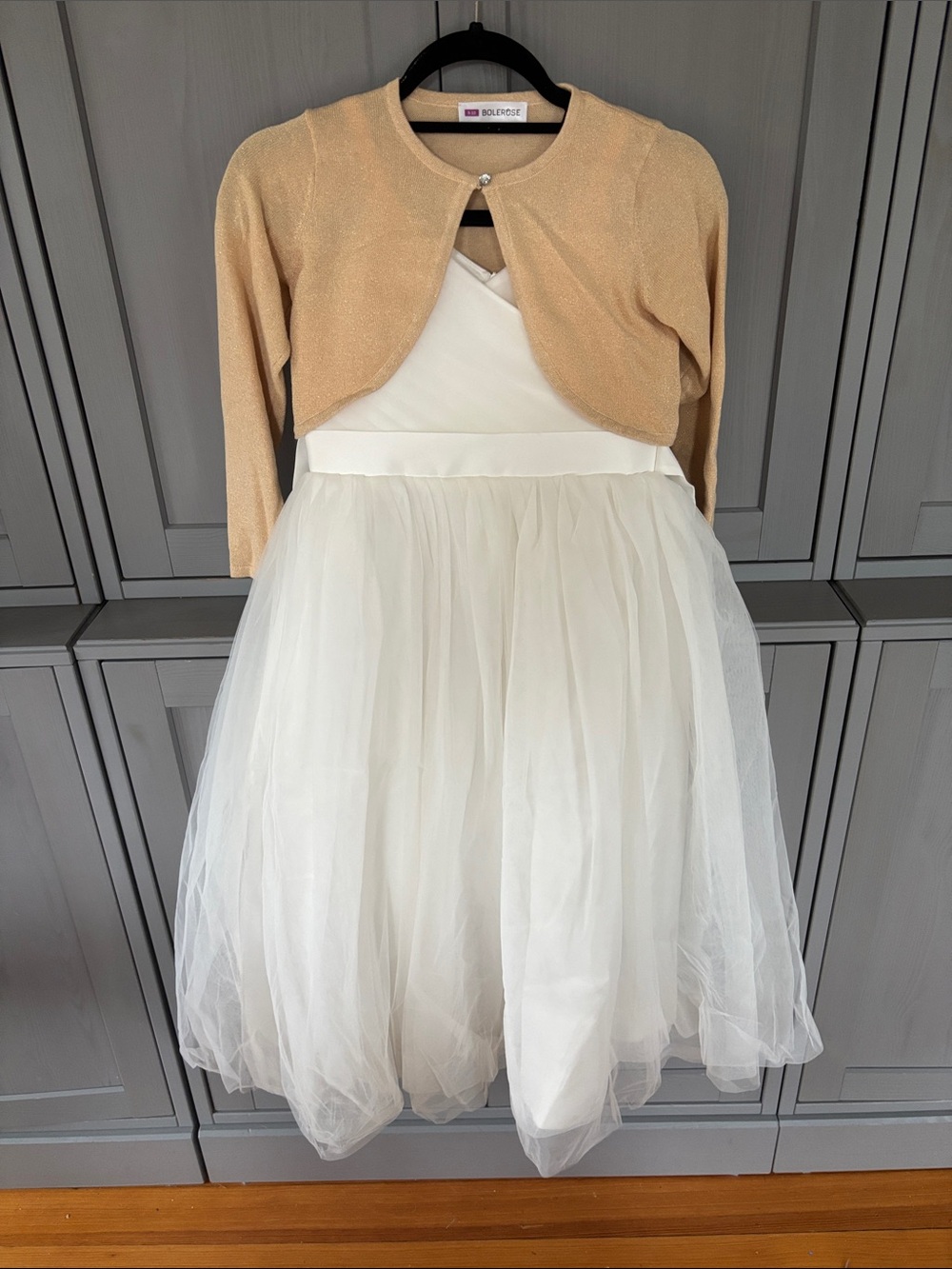 Girls ivory Tulle Party Dress with Gold Bolero - Size 10